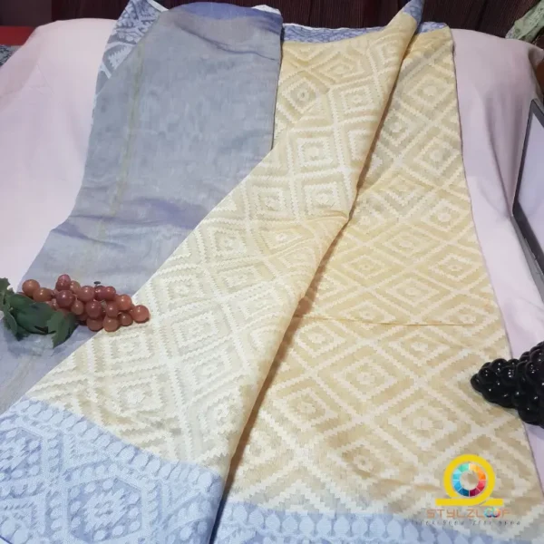 Pastel Yellow with Bluish Gray color Linen Traditional Soft Jamdani Saree - Image 2
