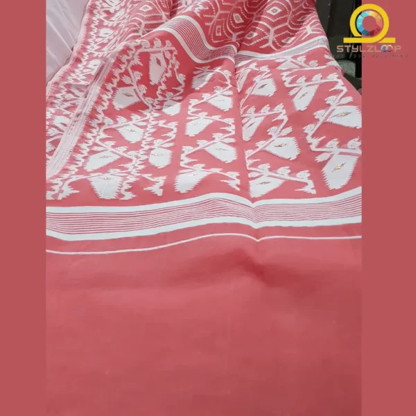Peach with White Geometric Pattern Traditional Soft Jamdani Saree - Image 2