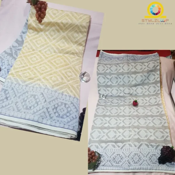 Pastel Yellow with Bluish Gray color Linen Traditional Soft Jamdani Saree - Image 3