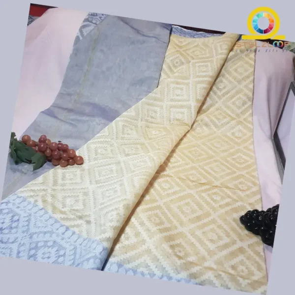 Pastel Yellow with Bluish Gray color Linen Traditional Soft Jamdani Saree - Image 4