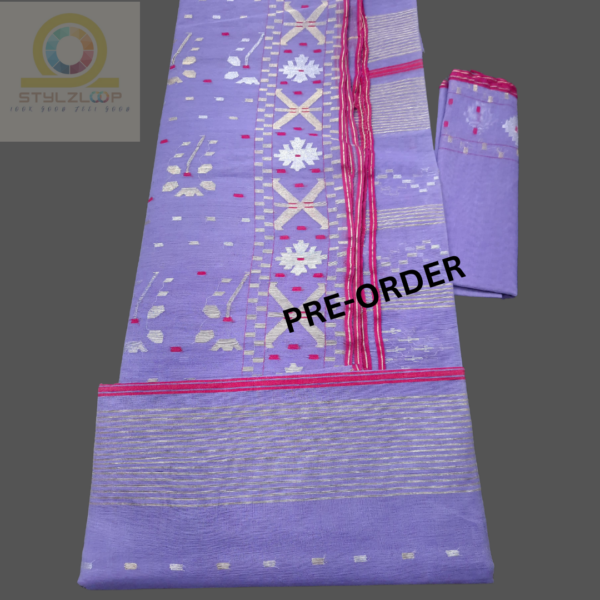 Lavender Half-Silk soft Traditional Jamdani Saree - Image 2