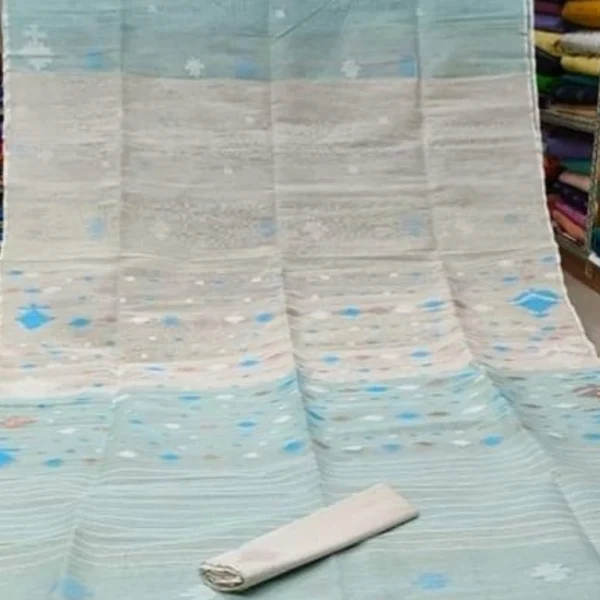 Sky Blue and White Traditional Soft Jamdani Saree-জামদানী শাড়ী - Image 2