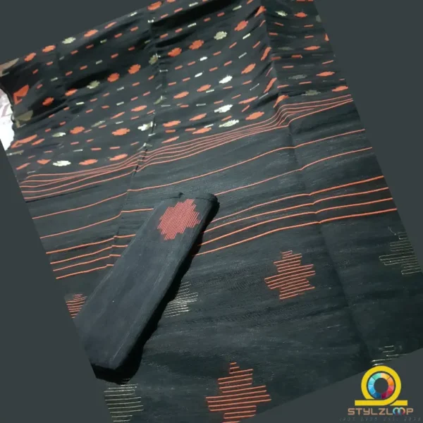 Black multicolor Traditional Soft Jamdani Saree-জামদানী শাড়ী - Image 2