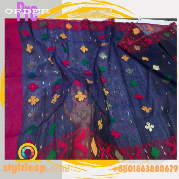 Navy Blue Half-Silk soft Traditional Jamdani Saree-জামদানী শাড়ী - Image 2