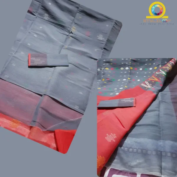 Grey with Red multicolor Traditional Soft Jamdani Saree-জামদানী শাড়ী - Image 3