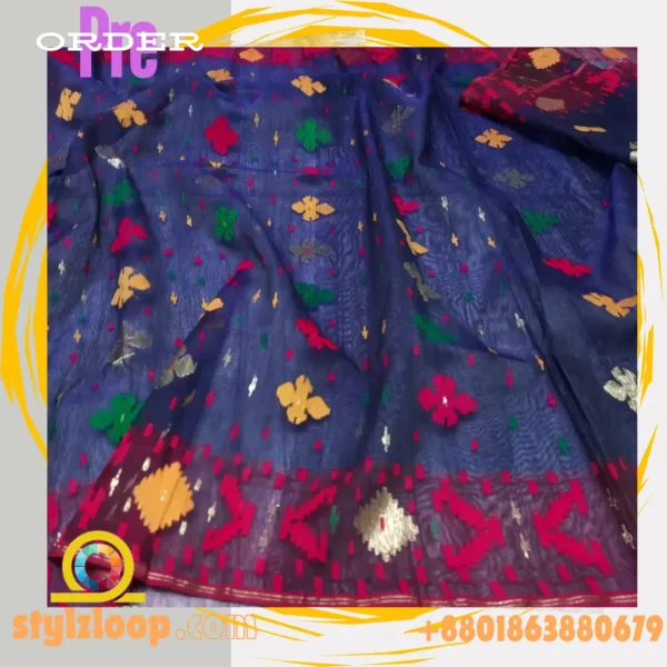 Navy Blue Half-Silk soft Traditional Jamdani Saree-জামদানী শাড়ী - Image 3
