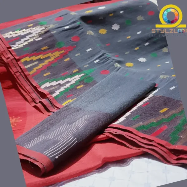 Grey with Red multicolor Traditional Soft Jamdani Saree-জামদানী শাড়ী - Image 4