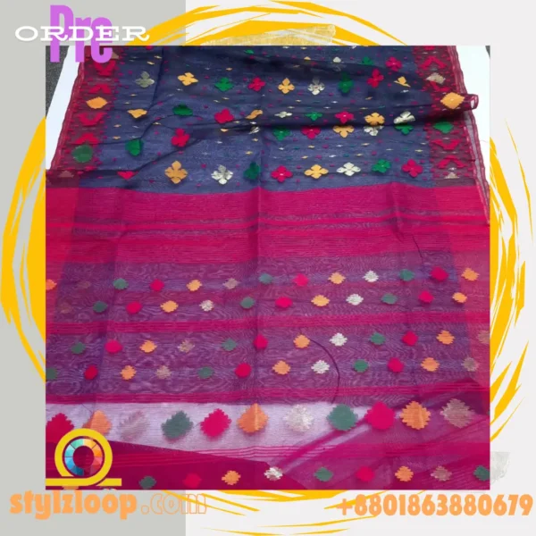 Navy Blue Half-Silk soft Traditional Jamdani Saree-জামদানী শাড়ী - Image 4