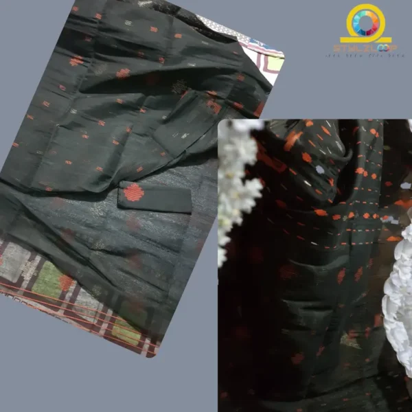 Black multicolor Traditional Soft Jamdani Saree-জামদানী শাড়ী - Image 3