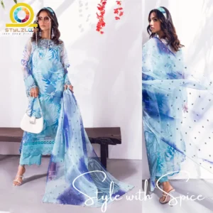 3 PC Embroidered & Embellished Printed Organza Shirt | NU-UN-COSMOS