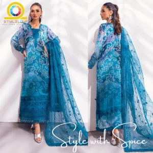 3 PC Embroidered & Embellished Printed Chiffon Shirt | NU-UN-BLUECHARM