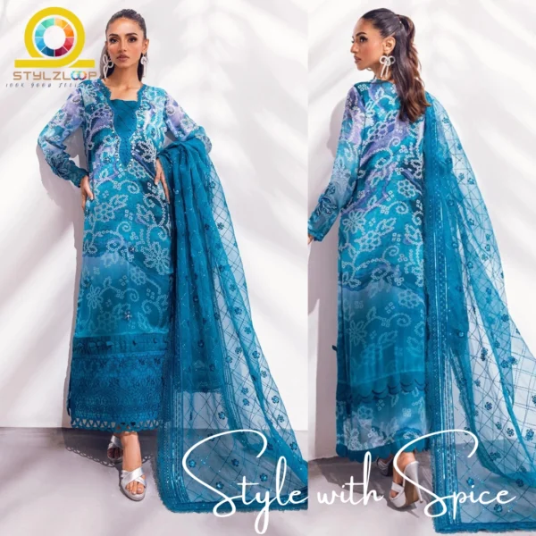 3 PC Embroidered & Embellished Printed Chiffon Shirt | NU-UN-BLUECHARM