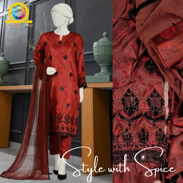 3 PC J. MAROON IMPURE SILK UNSTITCHED | JLAWN-UN-04