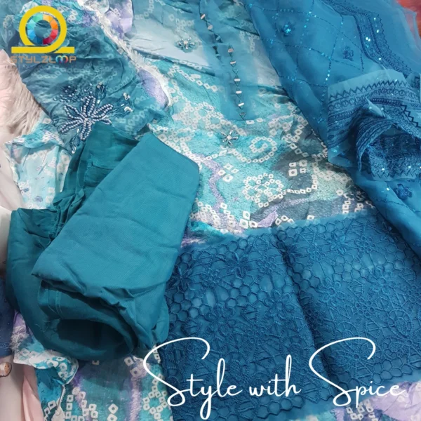 3 PC Embroidered & Embellished Printed Chiffon Shirt | NU-UN-BLUECHARM - Image 2