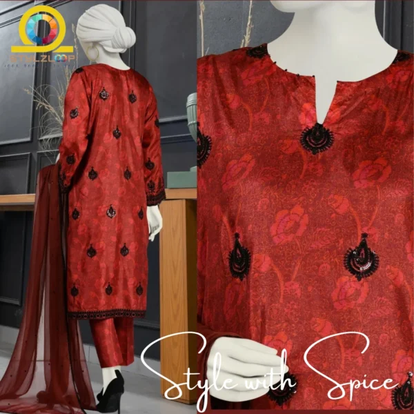 3 PC J. MAROON IMPURE SILK UNSTITCHED | JLAWN-UN-04 - Image 3