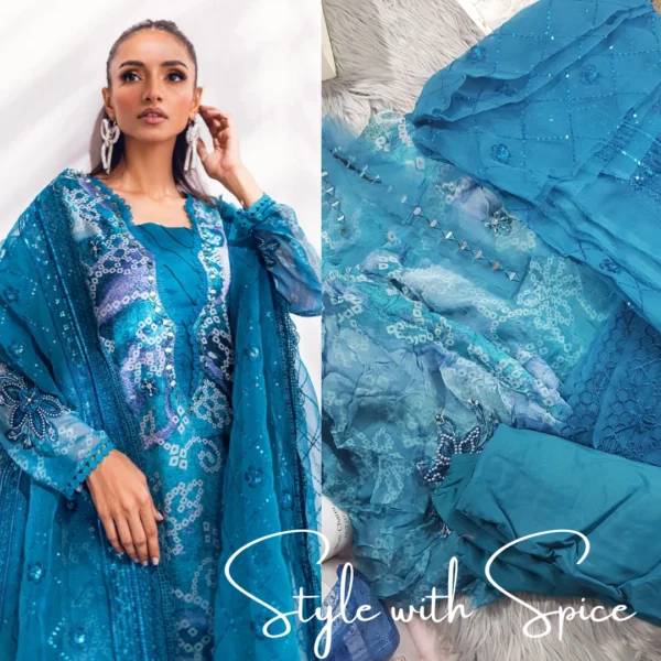 3 PC Embroidered & Embellished Printed Chiffon Shirt | NU-UN-BLUECHARM - Image 3