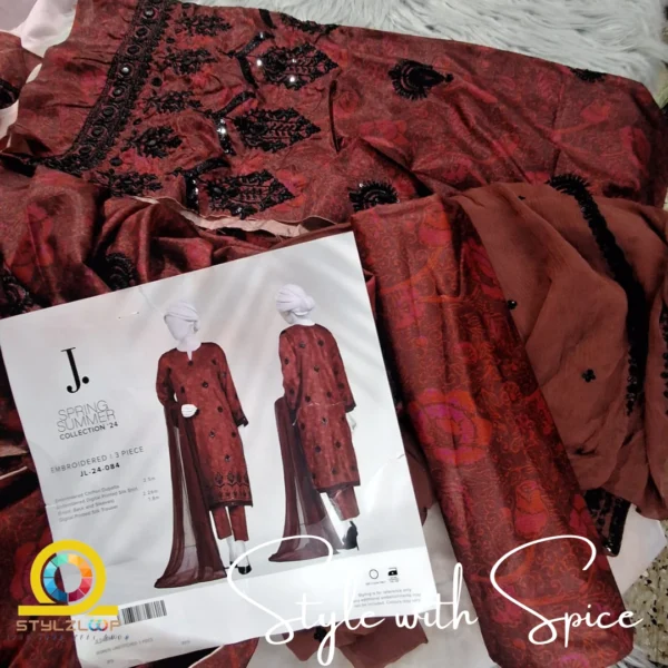 3 PC J. MAROON IMPURE SILK UNSTITCHED | JLAWN-UN-04 - Image 2