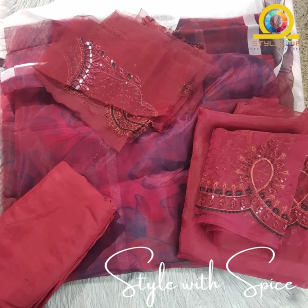 3 PC Embroidered & Embellished Printed Organza Shirt | NU-UN-TUBEROSE - Image 4