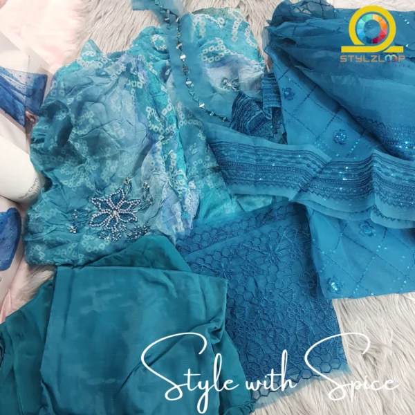 3 PC Embroidered & Embellished Printed Chiffon Shirt | NU-UN-BLUECHARM - Image 4