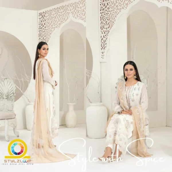 3 Piece Semi-Stitched Fancy Embroidered Chiffon Shirt | CALA-UN-06 - Image 2