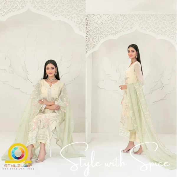 3 Piece Semi-Stitched Fancy Embroidered Chiffon Shirt | CALA-UN-04 - Image 3