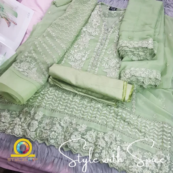 3 Piece Semi-Stitched Fancy Embroidered Chiffon Shirt | CALA-UN-01 - Image 4