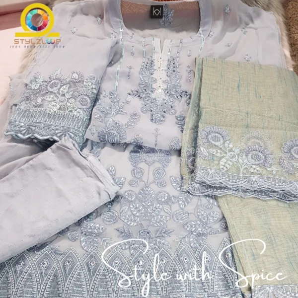 3 Piece Semi-Stitched Fancy Embroidered Chiffon Shirt | CALA-UN-05 - Image 4