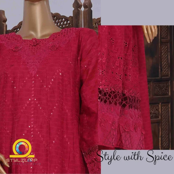 3 Piece Red Color Luxury Frock Style Suit | Bin-ST-08 - Image 2