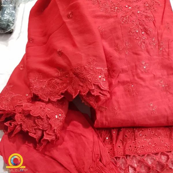 3 Piece Bright Red Color Luxury Frock Style Suit