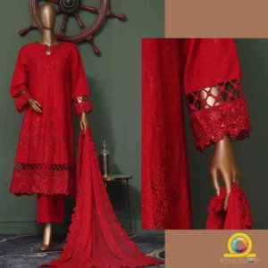 3 Piece Bright Red Color Luxury Frock Style Suit