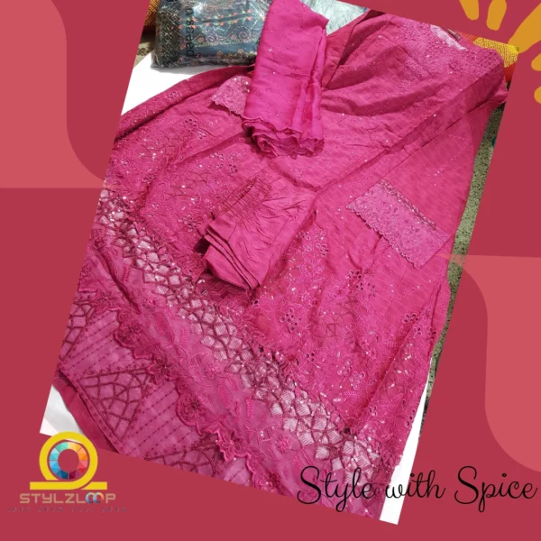 3 Piece Red Color Luxury Frock Style Suit | Bin-ST-08 - Image 4