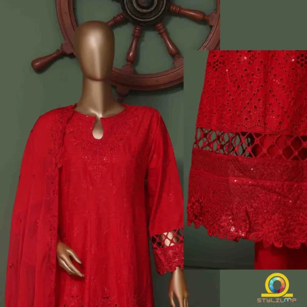 3 Piece Bright Red Color Luxury Frock Style Suit | Bin-ST-06 - Image 3