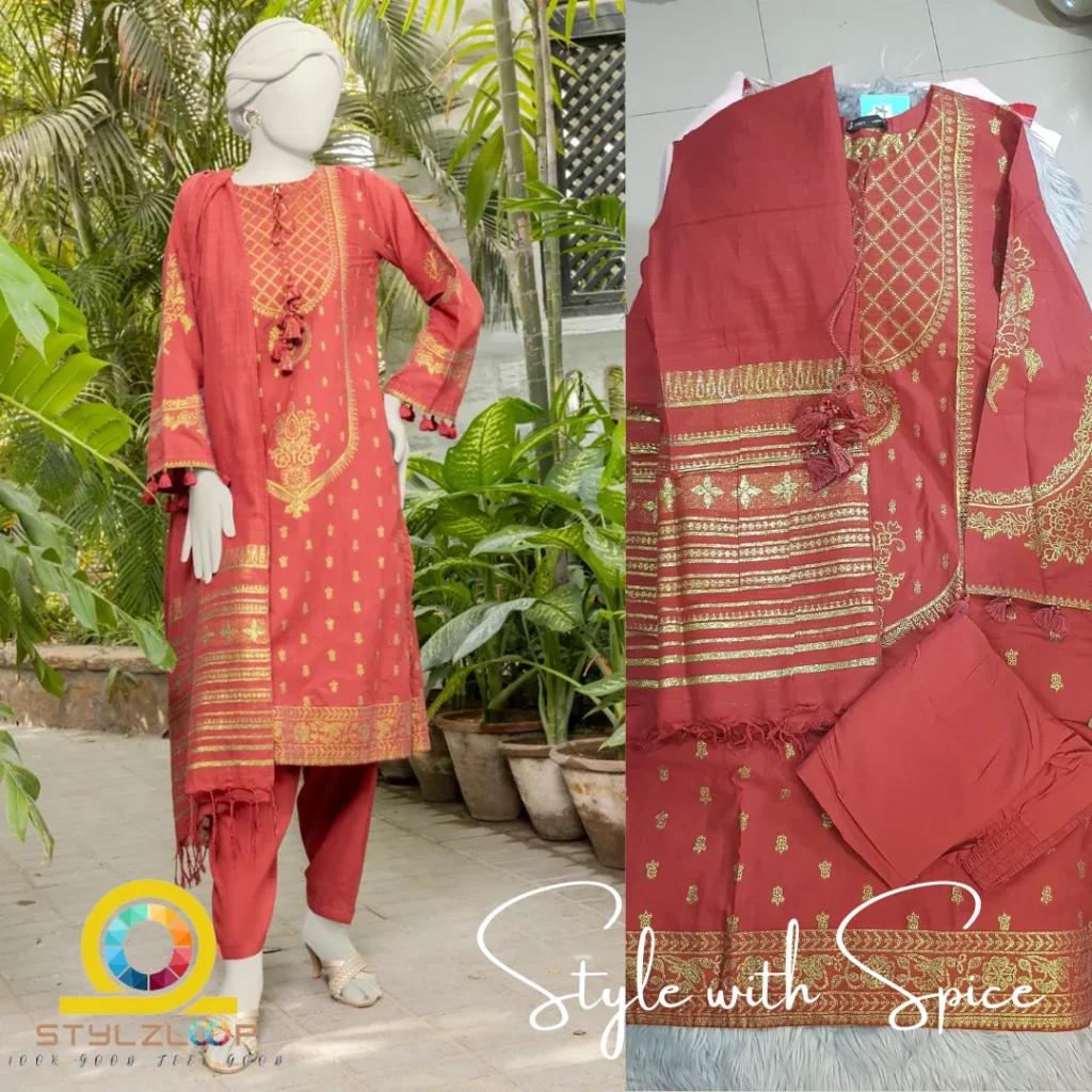 3 PC J. Maroon Jacquard Stitched | JLAWN-ST-06