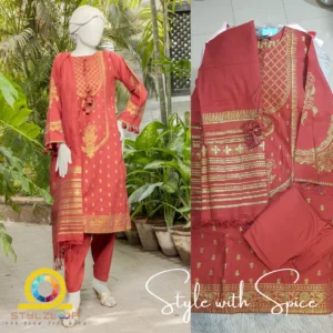 3 PC J. Maroon Jacquard Stitched | JLAWN-ST-06