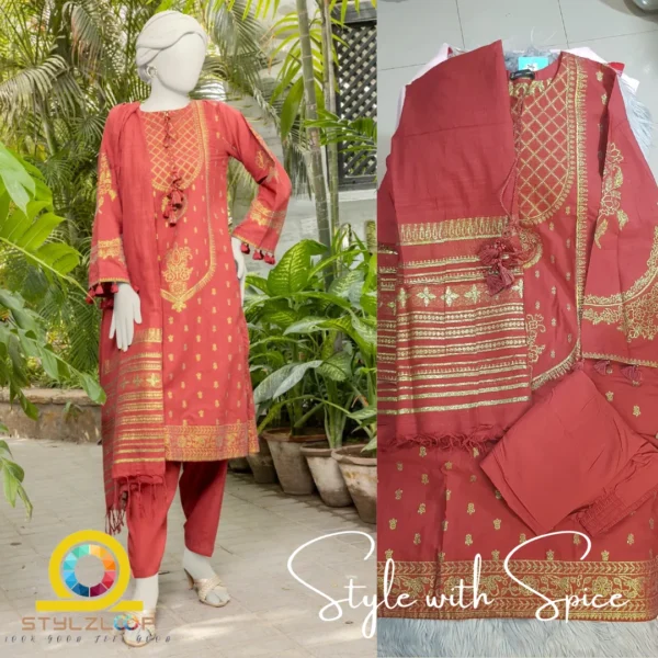 3 PC J. Maroon Jacquard Stitched | JLAWN-ST-06
