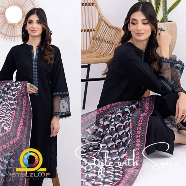3 Piece Ready to wear dyed Embroidered with printed dupatta | LG-SK-0040 - Image 2