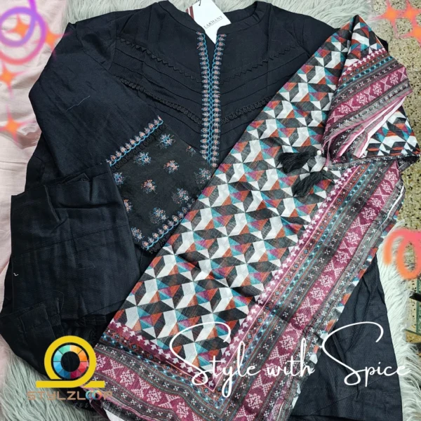 3 Piece Ready to wear dyed Embroidered with printed dupatta | LG-SK-0040 - Image 3