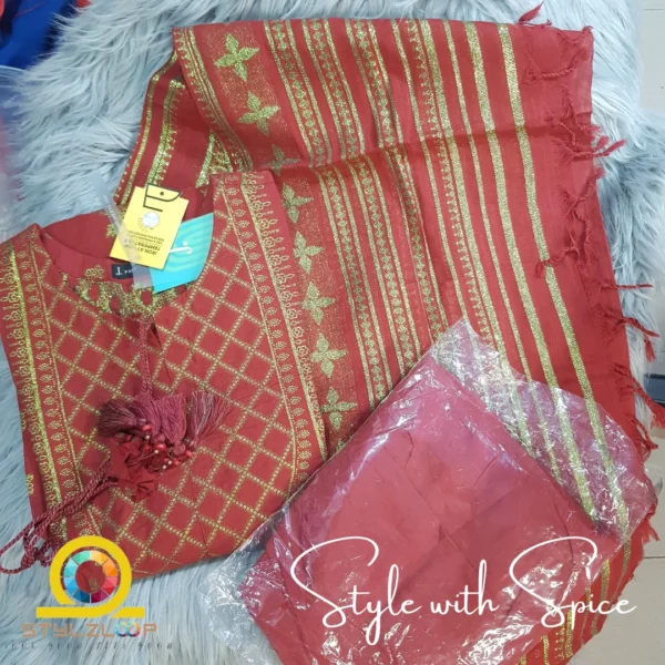 3 PC J. Maroon Jacquard Stitched | JLAWN-ST-06 - Image 3
