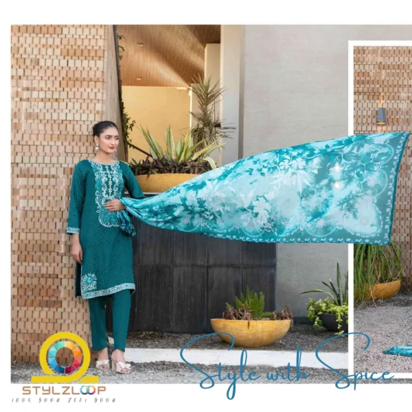 3 Piece Stitched Elegant Lawn Collection | Calafia-ST-02 - Image 3