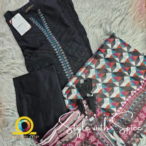 3 Piece Ready to wear dyed Embroidered with printed dupatta | LG-SK-0040 - Image 4